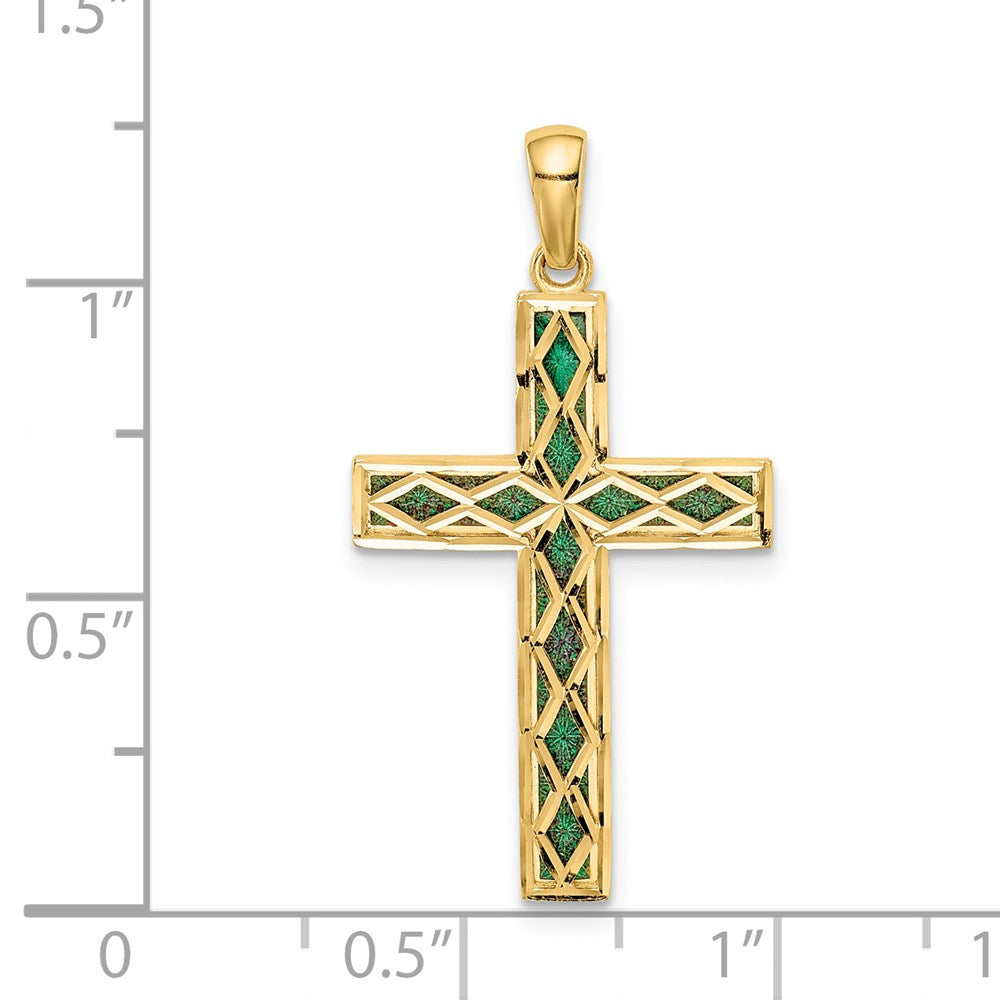 14k Yellow Gold Green Enamel Reversible Cross Pendant