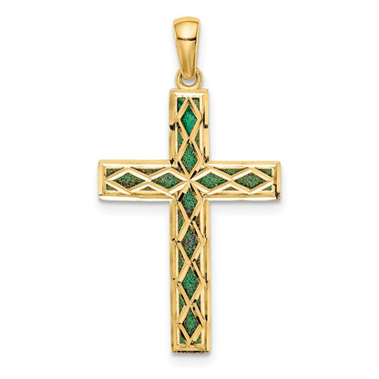 14k Yellow Gold Green Enamel Reversible Cross Pendant