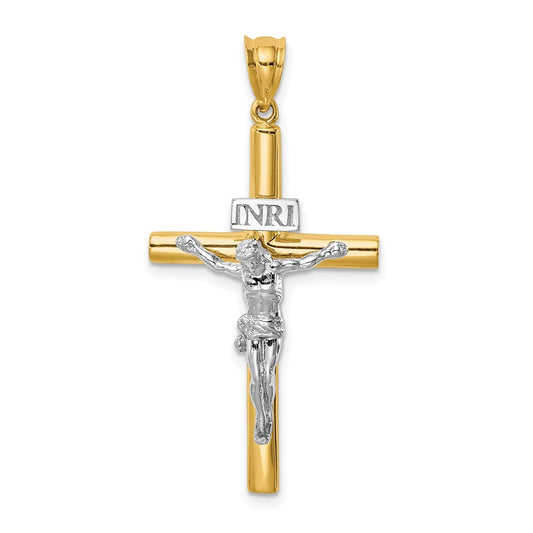 14k Two-tone Gold Polished INRI Crucifix Cross Pendant