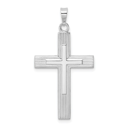 14k White Gold Polished Solid Striped Double Cross Pendant