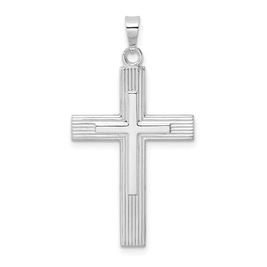 14k White Gold Polished Solid Striped Double Cross Pendant