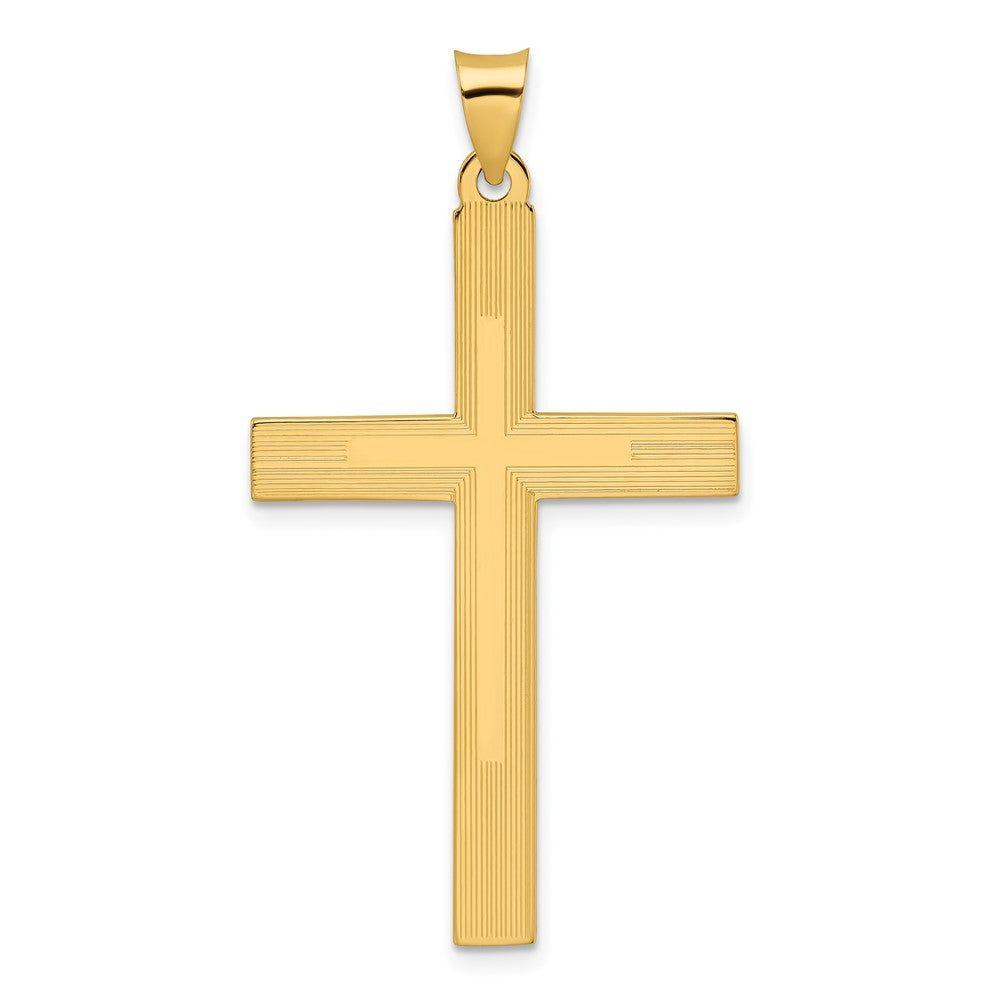 14k Yellow Gold Polished and Line Design Solid Cross Pendant