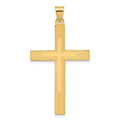 14k Yellow Gold Polished and Line Design Solid Cross Pendant