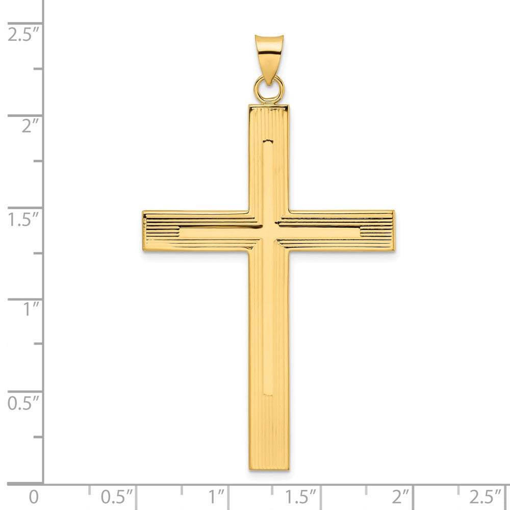 14k Yellow Gold Polished and Line Design Solid Cross Pendant
