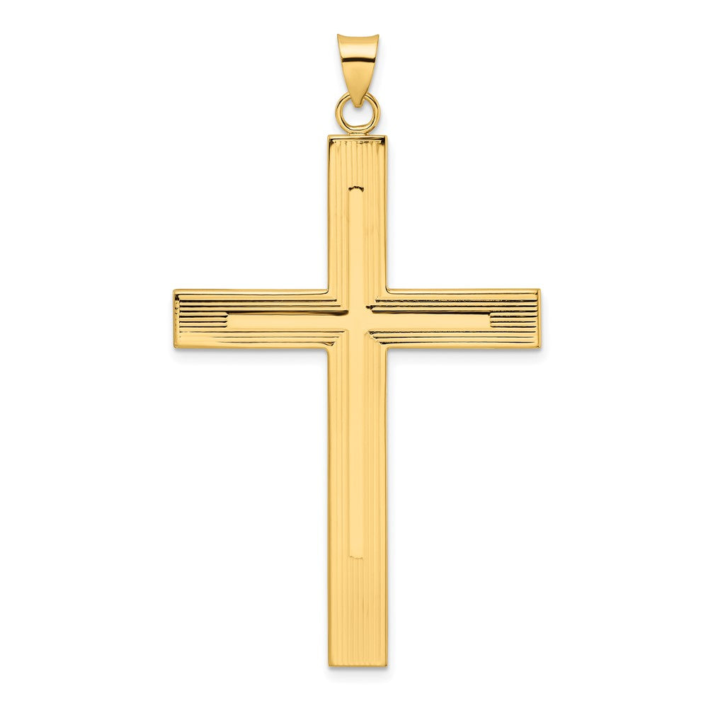 14k Yellow Gold Polished and Line Design Solid Cross Pendant