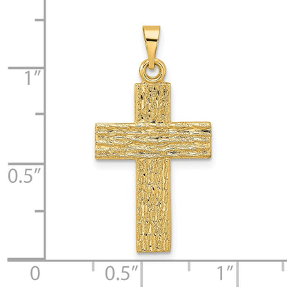 14k Yellow Gold Polished Wood Texture Solid Cross Pendant
