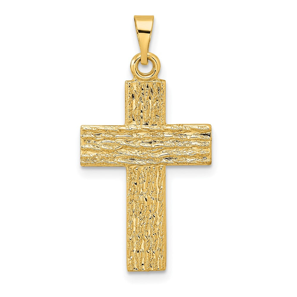 14k Yellow Gold Polished Wood Texture Solid Cross Pendant