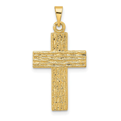 14k Yellow Gold Polished Wood Texture Solid Cross Pendant