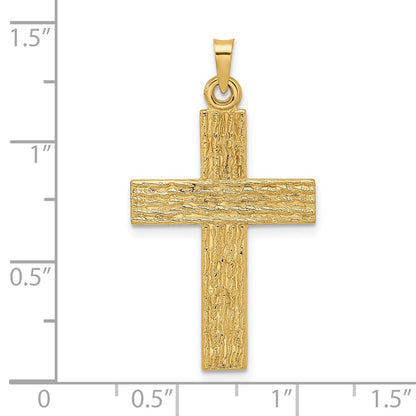 14k Yellow Gold Polished Wood Texture Solid Cross Pendant