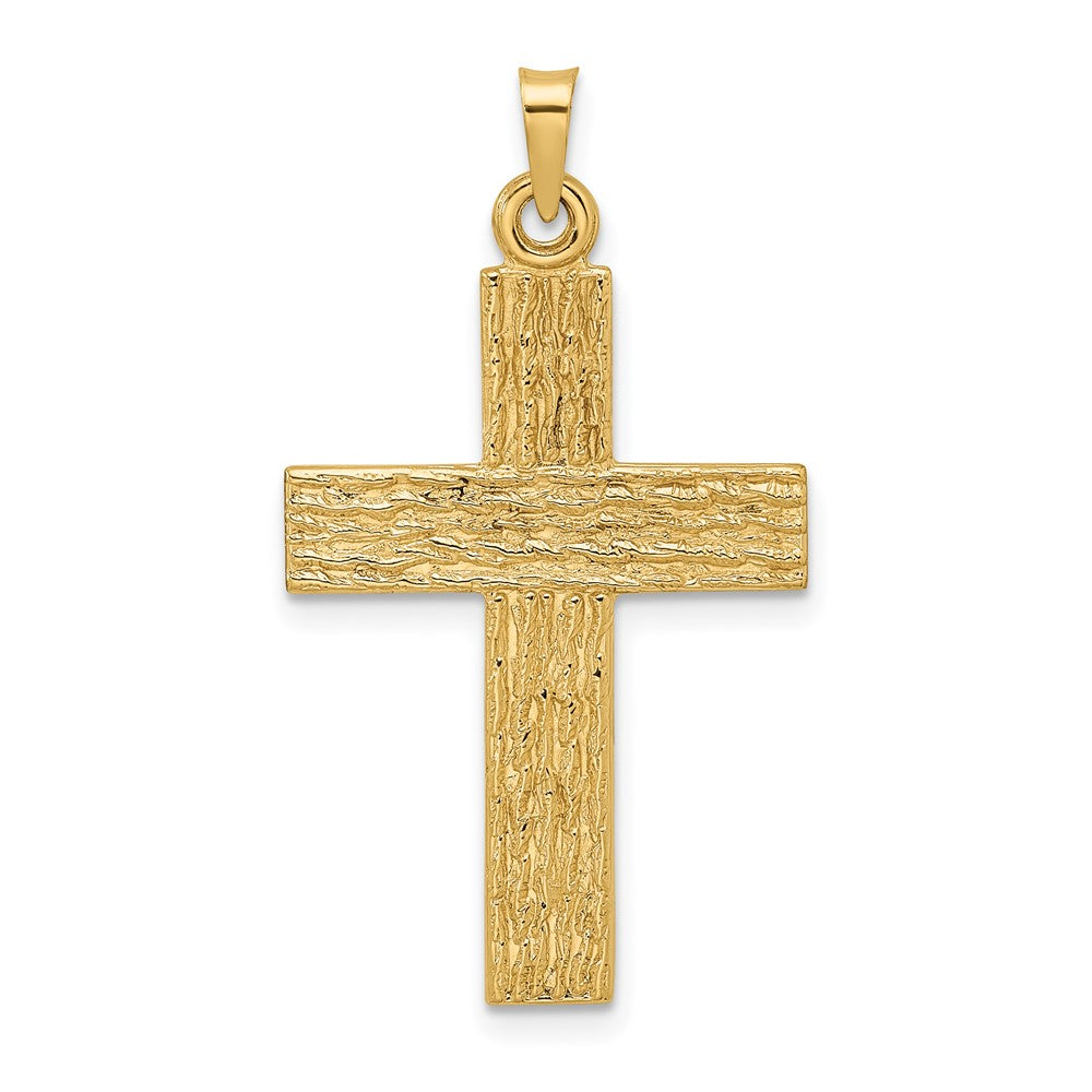 14k Yellow Gold Polished Wood Texture Solid Cross Pendant