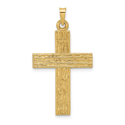 14k Yellow Gold Polished Wood Texture Solid Cross Pendant