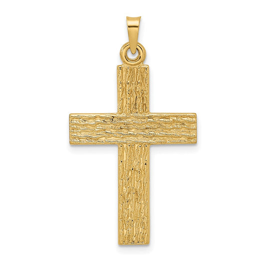 14k Yellow Gold Polished Wood Texture Solid Cross Pendant