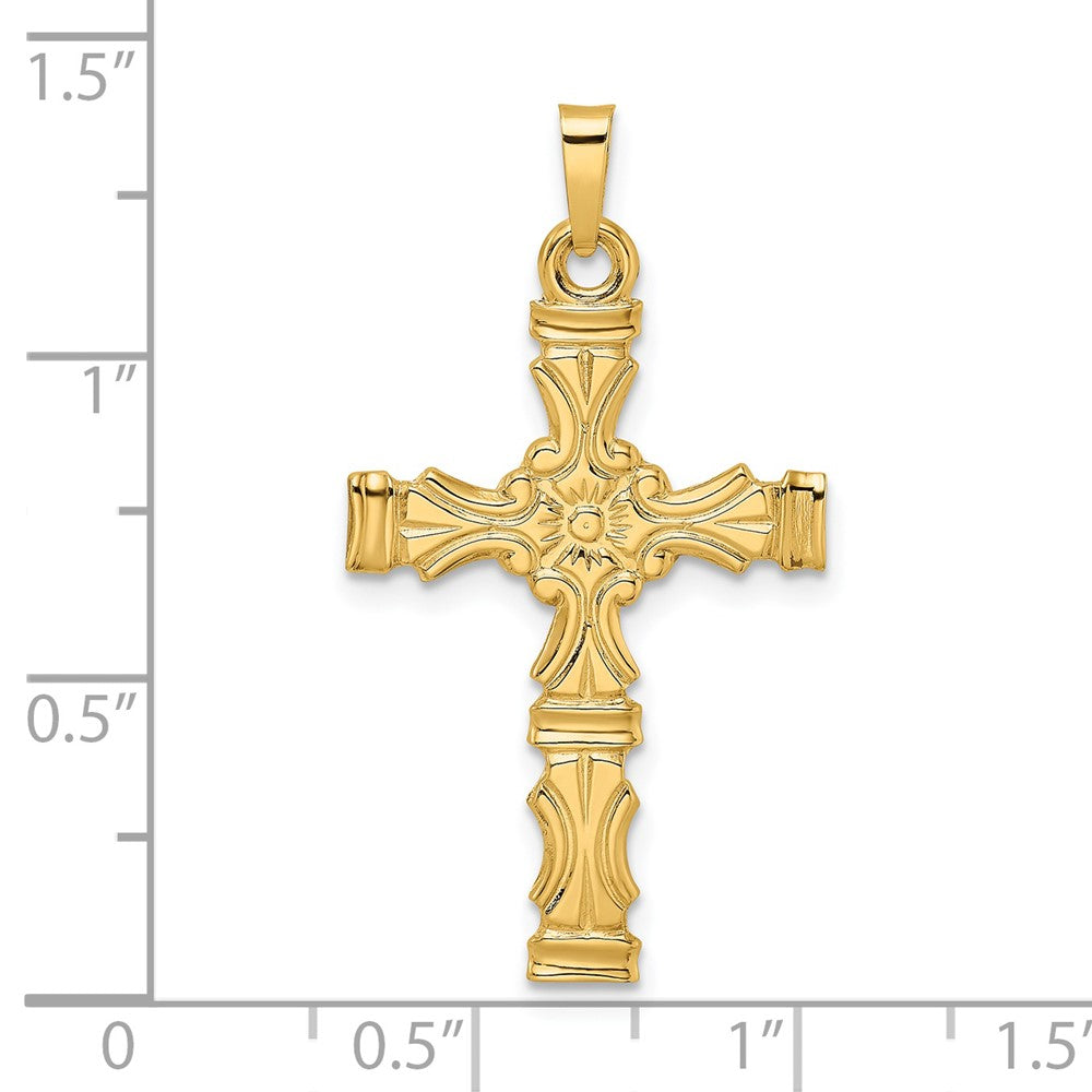 14k Yellow Gold Polished Solid Floral Center Cross Pendant