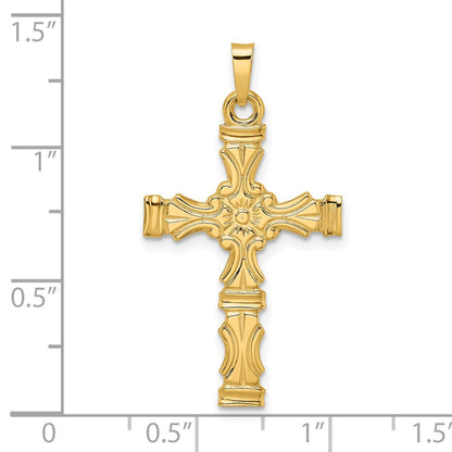 14k Yellow Gold Polished Solid Floral Center Cross Pendant