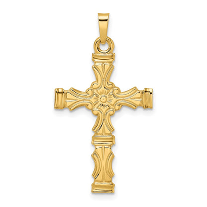 14k Yellow Gold Polished Solid Floral Center Cross Pendant