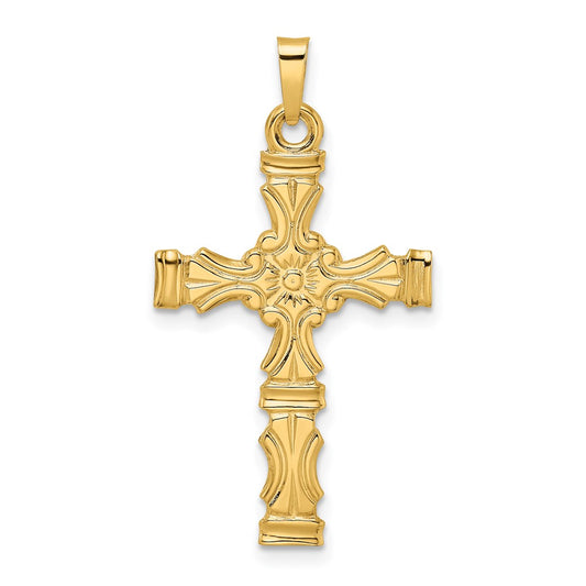 14k Yellow Gold Polished Solid Floral Center Cross Pendant