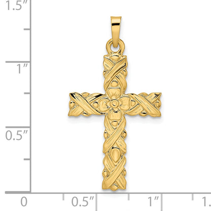 14k Yellow Gold Polished and Textured Solid Floral Cross Pendant