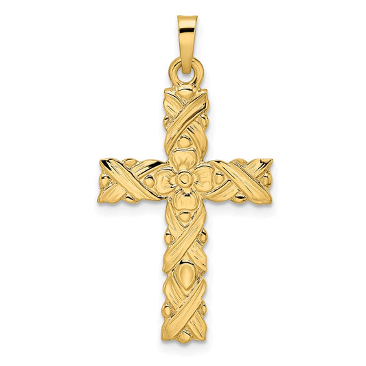 14k Yellow Gold Polished and Textured Solid Floral Cross Pendant