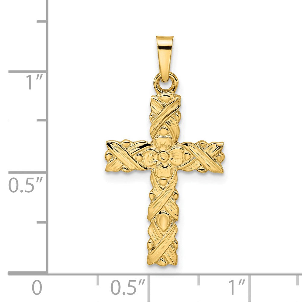 14k Yellow Gold Polished and Textured Solid Floral Cross Pendant