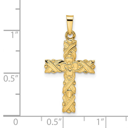 14k Yellow Gold Polished and Textured Solid Floral Cross Pendant
