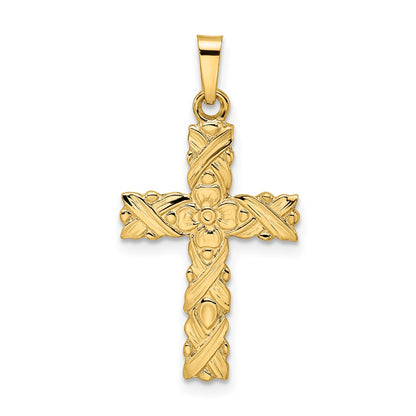 14k Yellow Gold Polished and Textured Solid Floral Cross Pendant