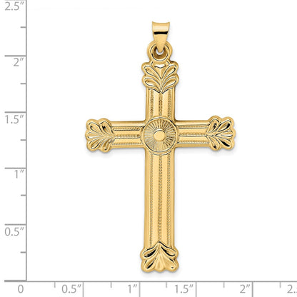 14k Yellow Gold Polished and Textured Solid Circle Center Cross Pendant