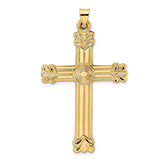 14k Yellow Gold Polished and Textured Solid Circle Center Cross Pendant