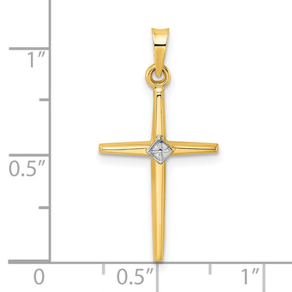 14k Two-tone Gold Polished Solid Diamond Shape Center Cross Pendant