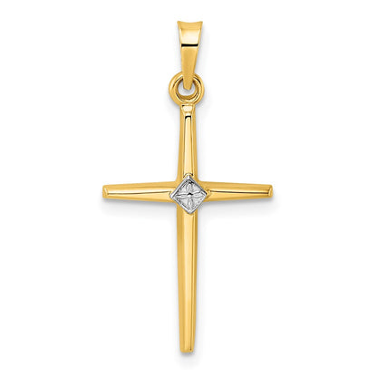 14k Two-tone Gold Polished Solid Diamond Shape Center Cross Pendant