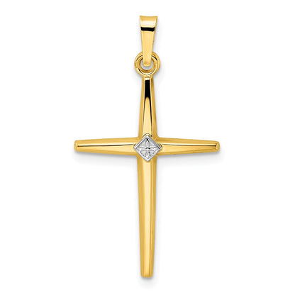 14k Two-tone Gold Polished Solid Diamond Shape Center Cross Pendant