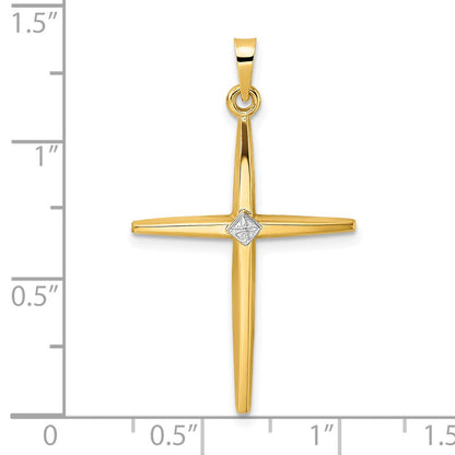 14k Two-tone Gold Polished Solid Diamond Shape Center Cross Pendant