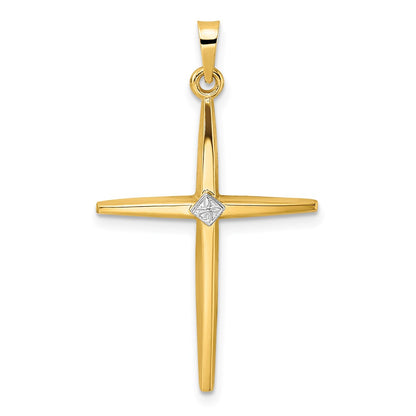 14k Two-tone Gold Polished Solid Diamond Shape Center Cross Pendant