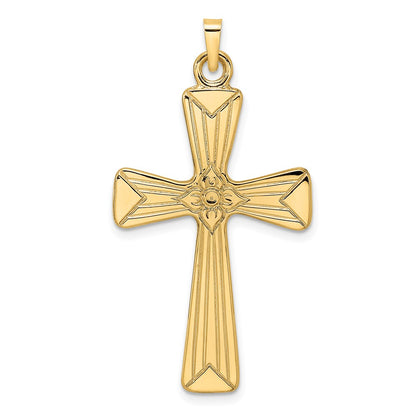 14k Yellow Gold Polished Center Flower Solid Cross Pendant
