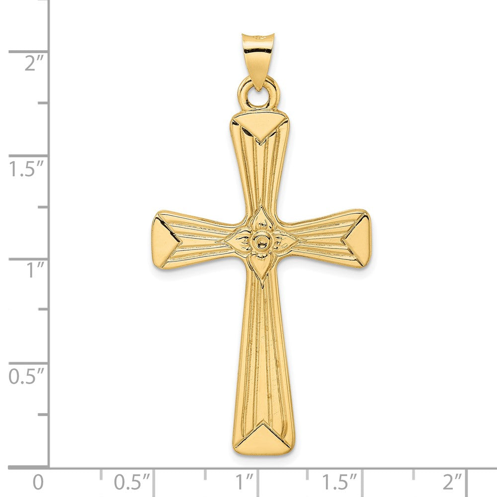 14k Yellow Gold Polished Center Flower Solid Cross Pendant