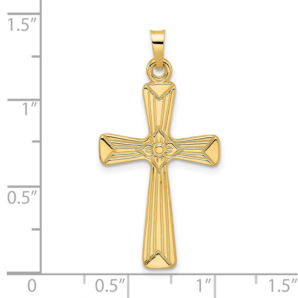 14k Yellow Gold Polished Solid Floral Center Cross Pendant