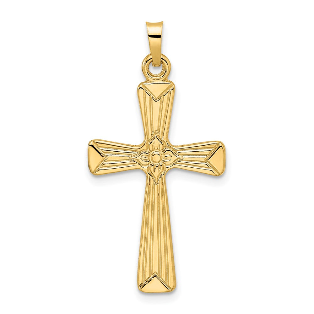 14k Yellow Gold Polished Solid Floral Center Cross Pendant