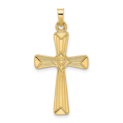 14k Yellow Gold Polished Solid Floral Center Cross Pendant