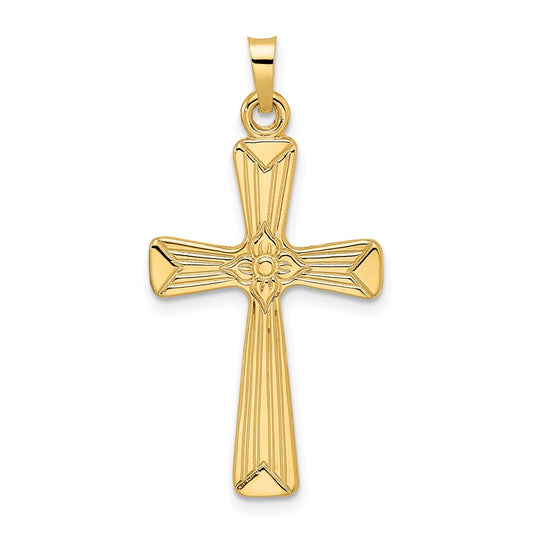 14k Yellow Gold Polished Solid Floral Center Cross Pendant