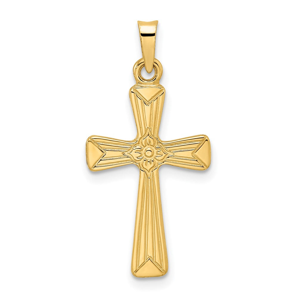 14k Yellow Gold Polished Solid Floral Center Cross Pendant