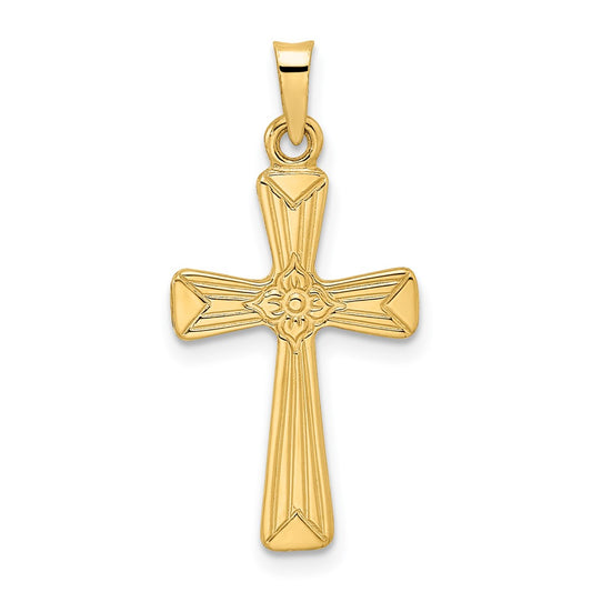 14k Yellow Gold Polished Solid Floral Center Cross Pendant