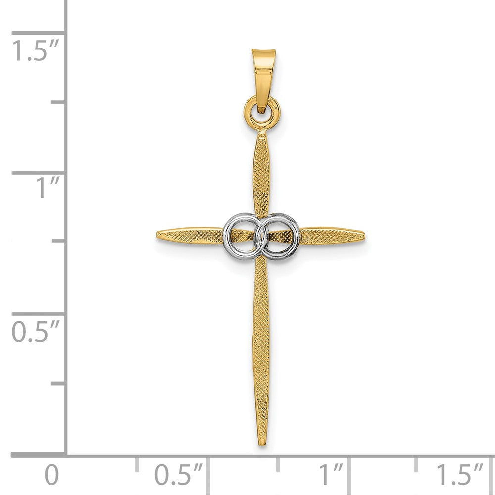 14k Two-tone Gold Polished and Satin Solid Double Ring Cross Pendant