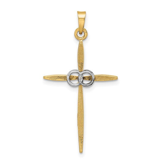 14k Two-tone Gold Polished and Satin Solid Double Ring Cross Pendant