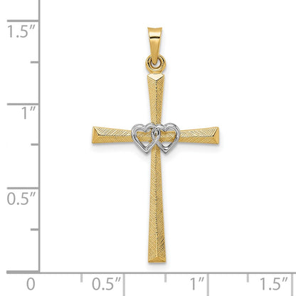 14k Two-tone Gold Solid Double Hearts Cross Pendant