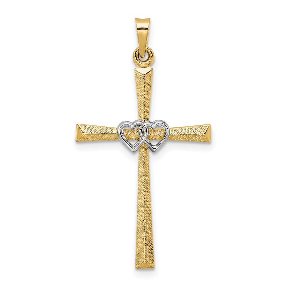 14k Two-tone Gold Solid Double Hearts Cross Pendant