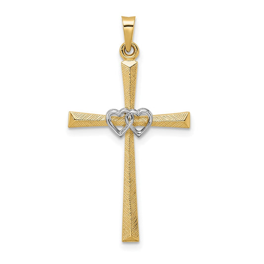 14k Two-tone Gold Solid Double Hearts Cross Pendant