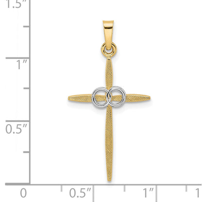 14k Two-tone Gold Polished and Satin Solid Double Ring Cross Pendant