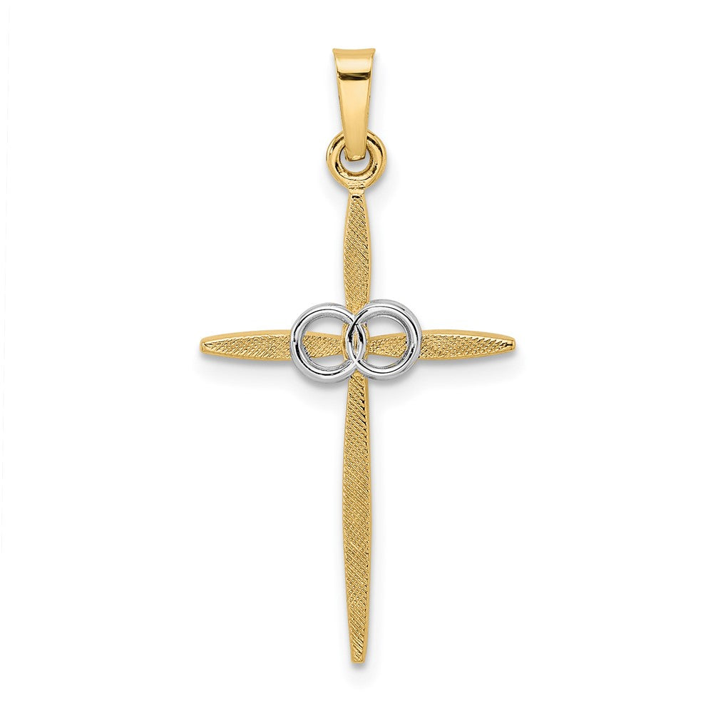 14k Two-tone Gold Polished and Satin Solid Double Ring Cross Pendant