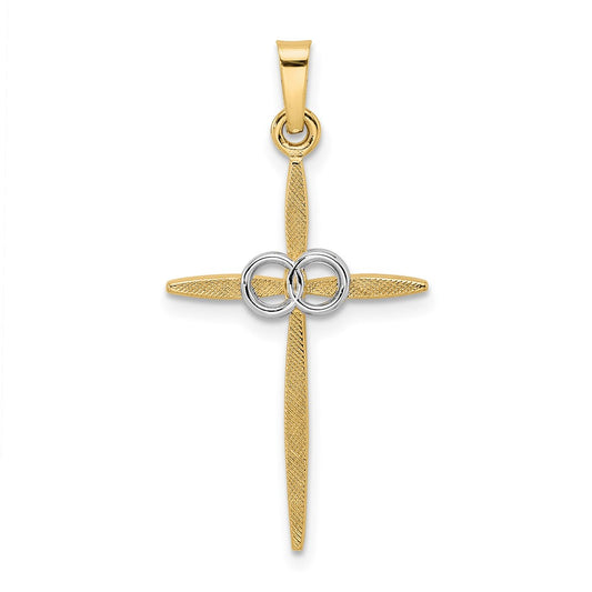 14k Two-tone Gold Polished and Satin Solid Double Ring Cross Pendant