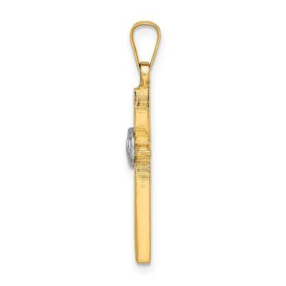 14k Two-tone Gold Polished and Satin Solid Double Ring Cross Pendant