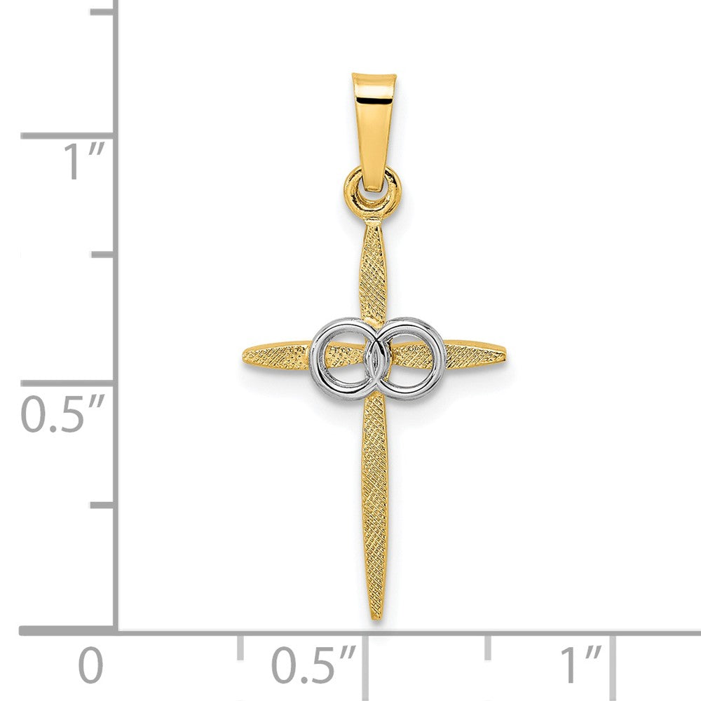 14k Two-tone Gold Polished and Satin Solid Double Ring Cross Pendant